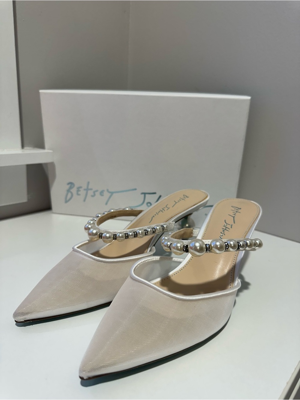 Betsey Johnson Ivory Pearl-Embellished Pointed-Toe Heel
